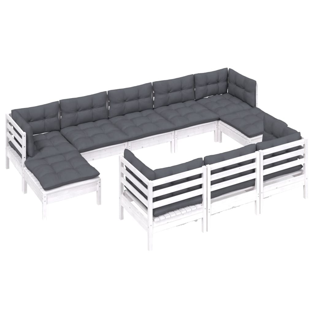 10-tlg. Garten-Lounge-Set mit Kissen Weiss Kiefer Massivholz